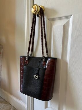 Brighton Black and Dark Brown Two-Tone Leather Shoulder Bag with Heart Charm